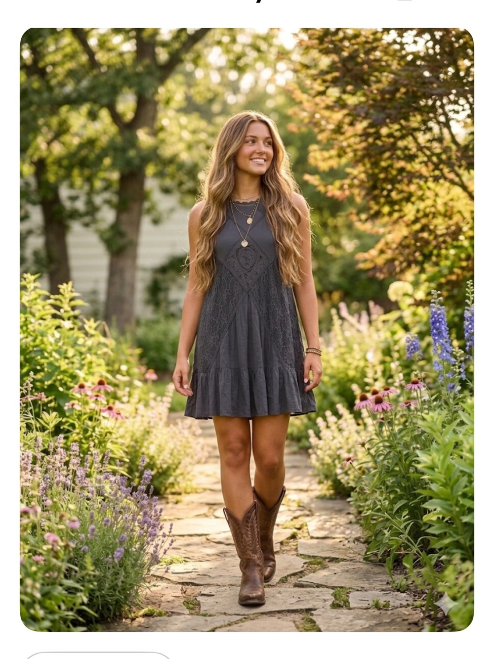 Sleeveless Lace and crochet Panel A-Line Dress - Charcoal Gray